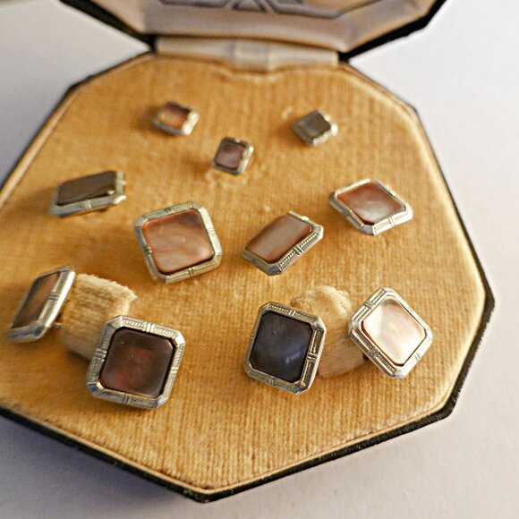 Vintage Art Deco Abalone Cufflinks, Studs- 9 Piece set Platinum Clad - Picture 1 of 4
